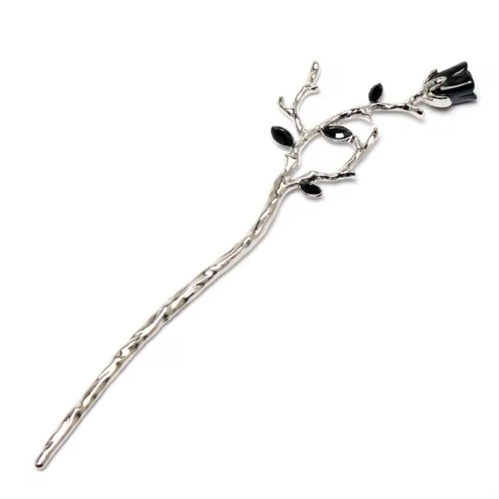 Brand New Silver Black Rose Hair Pin